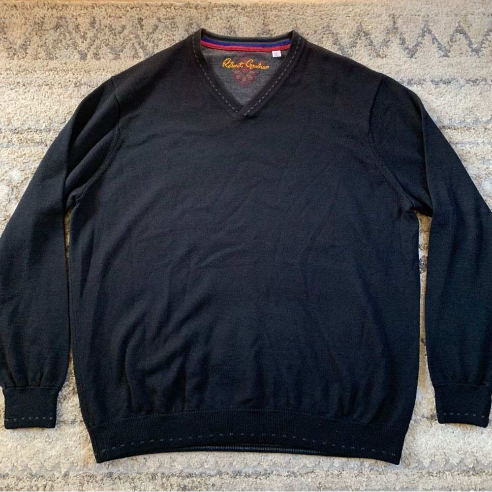 Robert Graham Black Wool V-Neck Sweater 2XL